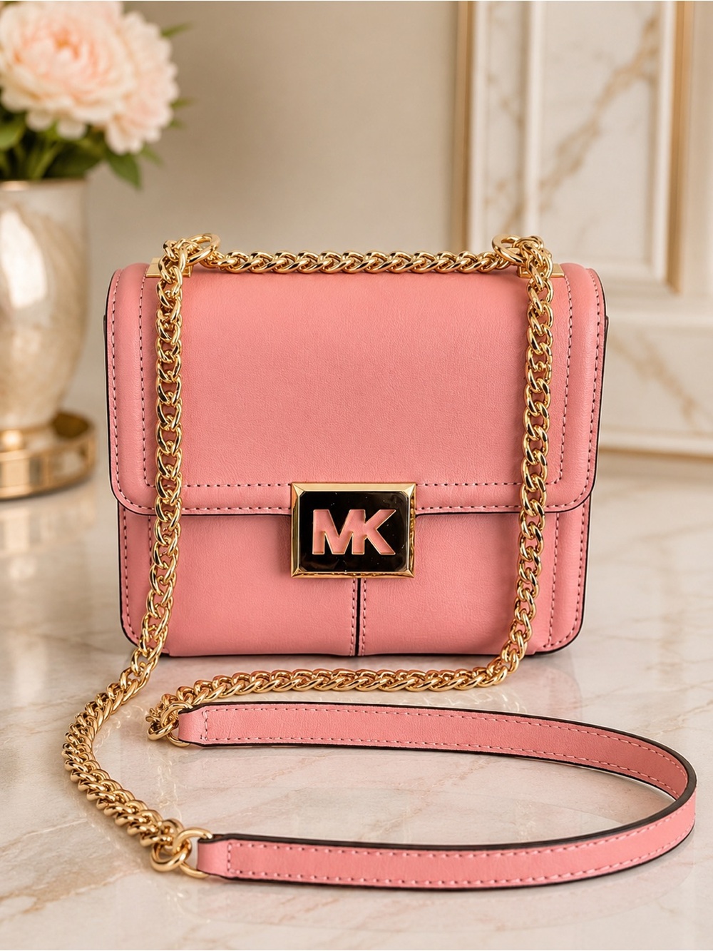 Michael Kors Pink Leather Chain Crossbody Shoulder Bag Gold hardware structured